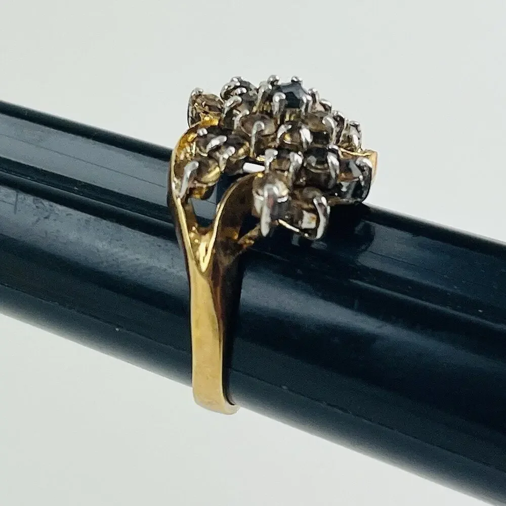 18K HGE Vintage Flower Cocktail Cluster Rhinestone Ring Size 7 citrine look blue